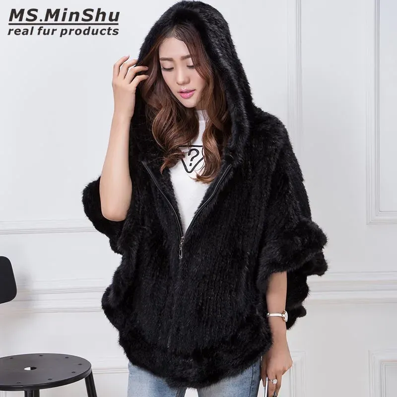 Burs mevrouw Minshu Winter Vrouwen Hand gebreide Hooded Hooded Mink Fur Shawl Zipper Fashion Echte Mink Fur Poncho voor dame