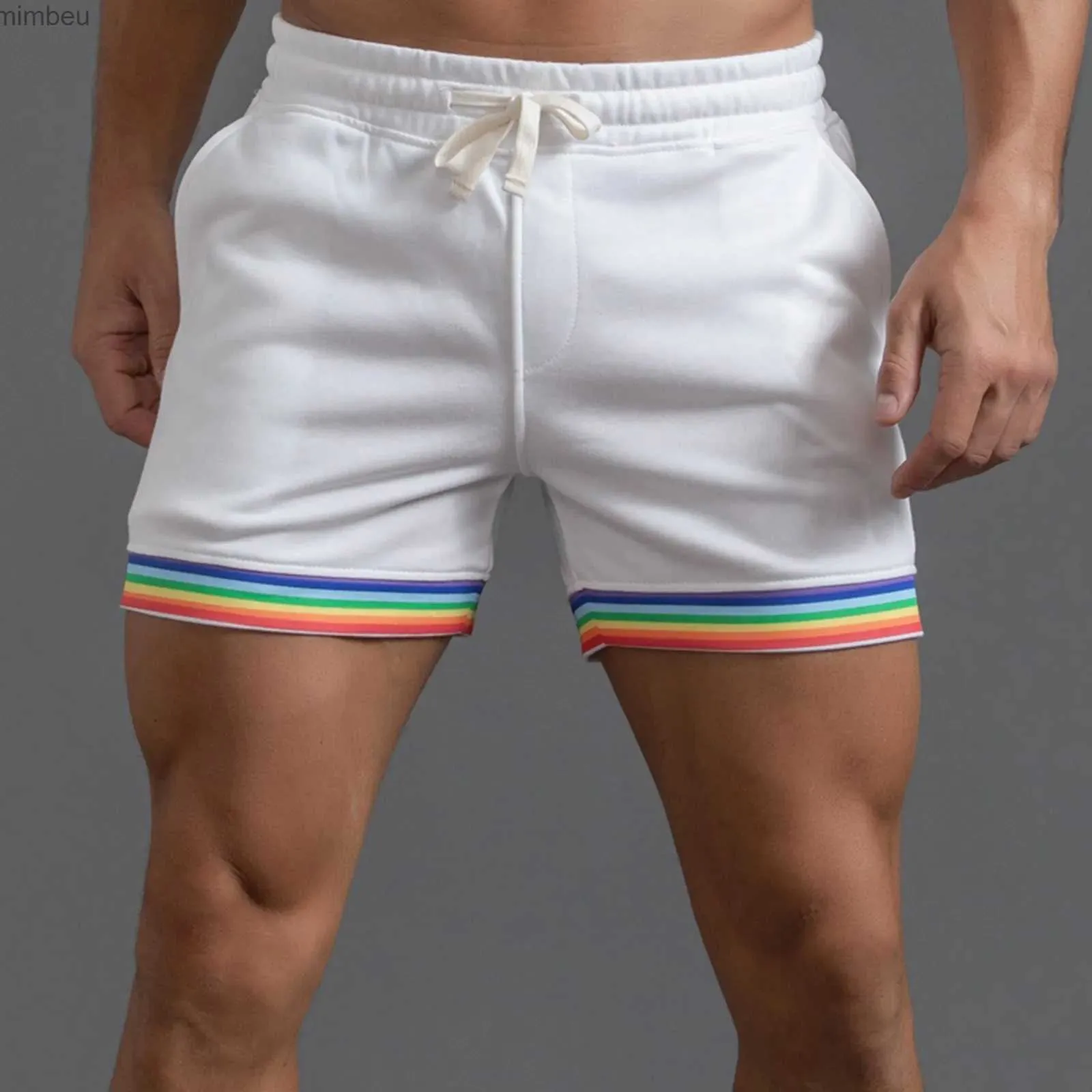 Mäns shorts polyester shorts män sommar fast färg regnbåge byxor ficka drstring lös casual sport som kör glitter skumstjärna 240226