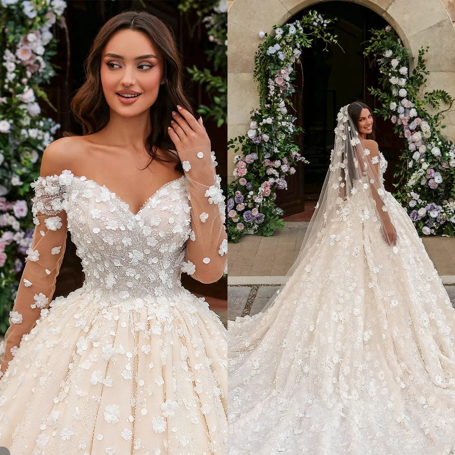 Romantische Trouwjurken 3D-Bloemen Applicaties Bruids Baljurken Uit De Schouder Lange Mouwen Custom Made Vestido De Novia