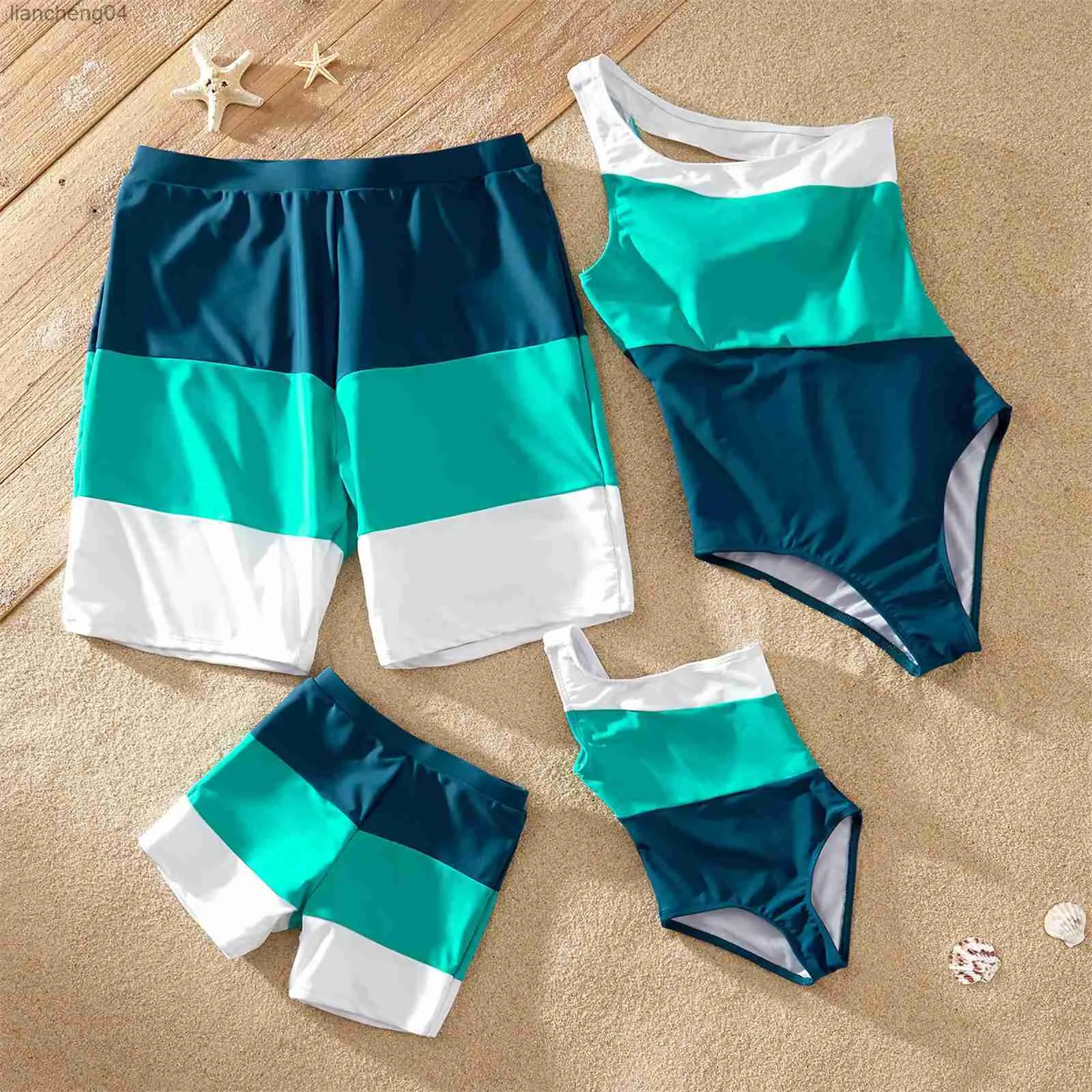 Familjsmatchande kläder PA Summer Swimsuit Family Matching Outfits Baddräkter Färgblock One-Piece One Shoulder Family Look Badkläderuppsättningar