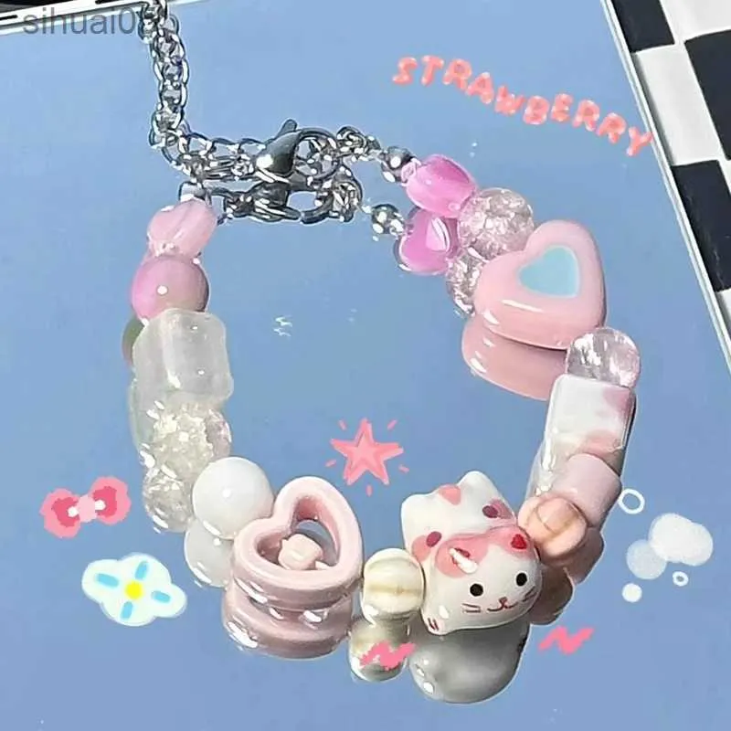 Pärlstav söt tecknad rosa katthjärta pärlor armband kvinnor flickor söta strass stjärna armband koreanska trendiga smycken gåvor yq240226