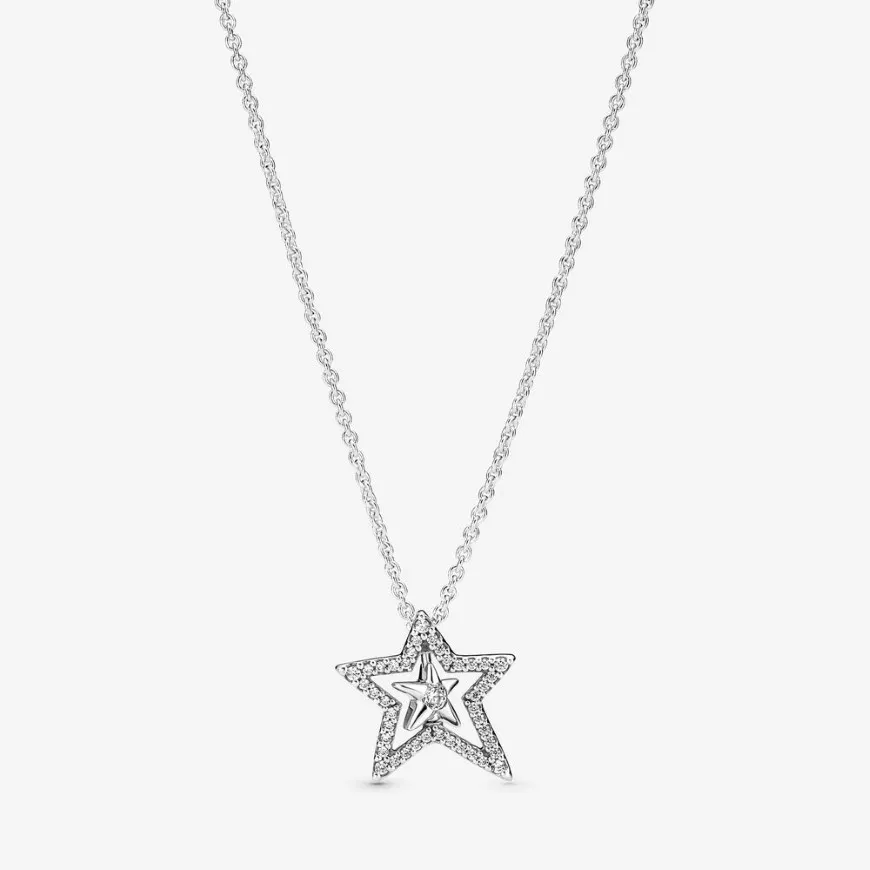 100％925 Sterling Silver Pave Simmmetric Star Collier Necklace Fashion Women Wedding Engagement Jewelry Accessories for Gift25s