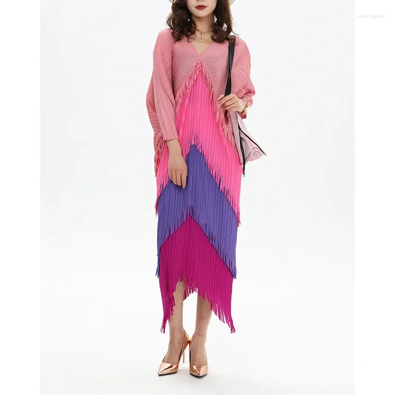 Casual Dresses Woman Tassel Dress 2024 Miyake Pleated Fashion Loose Plus Size V-Neck High Street Mid-Calf Batwing Sleeve Trumpet Tide