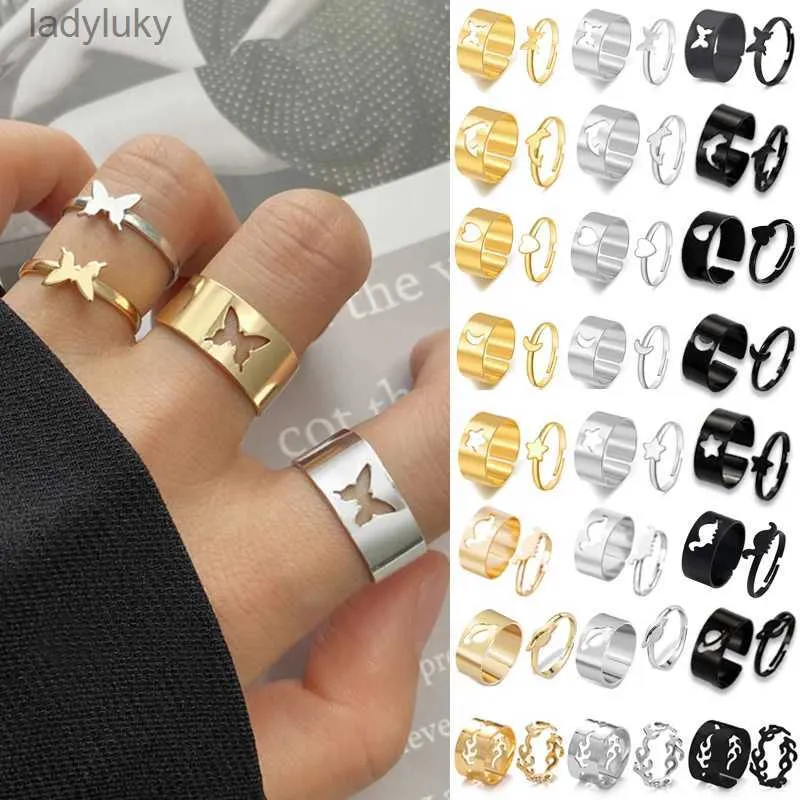 Solitaire Ring LATS Vintage Simple Animal Butterlfly Star Moon Heart Flame Open Rings for Women Girls Gothic Jewelry Punk Black Couple Ring Set 240226