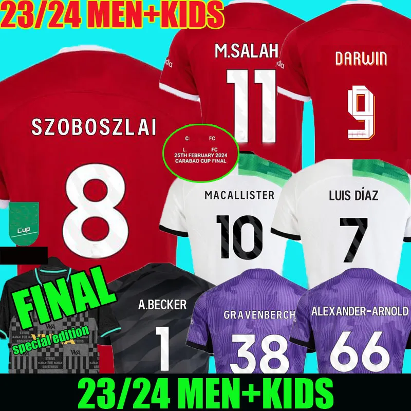 23 24 25 시즌 Szoboszlai 축구 유니폼 Mac Allister 2023 2023 Mohamed Diogo Luis Diaz 축구 셔츠 남자 아이들 유니폼 Alexander Arnold Darwin Carabao Cup Final