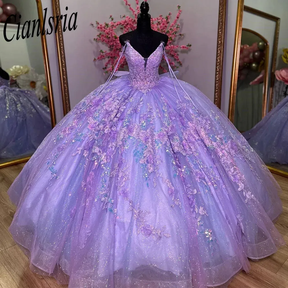 Lilac Sequined Appliques Lace Bow Ball Gown Quinceanera Dress Spaghetti Strap 3D Flowers Corset Vestidos de 15 Anos