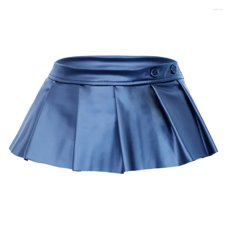 Skirts Sexy Cosplay School Skrit Adjustable Shiny Glossy Faux Leather Pleated Skirt Low Waist Ruffled Micro Shorts Jupe Femme