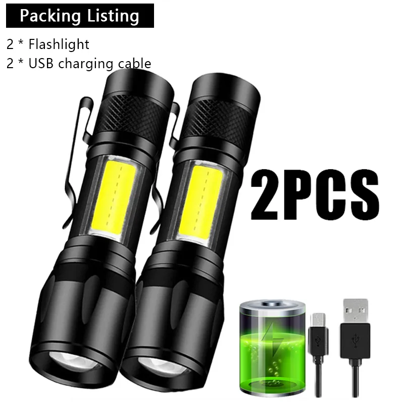 Mini laddningsbar LED -ficklampa COB+XPE Portable Torch Camping Lantern Zoomable Focus Light Tactical ficklampa med pennklipp