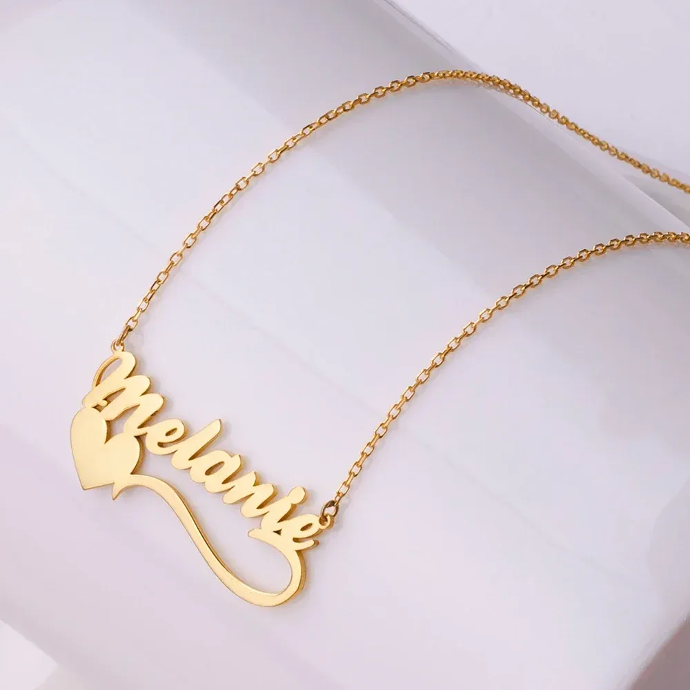Necklaces Custom Name Necklace Heart Symbol Ribbon Stainless Steel Nameplate Necklace Handmade Pendant Chain for Women Gold Plated Jewelry