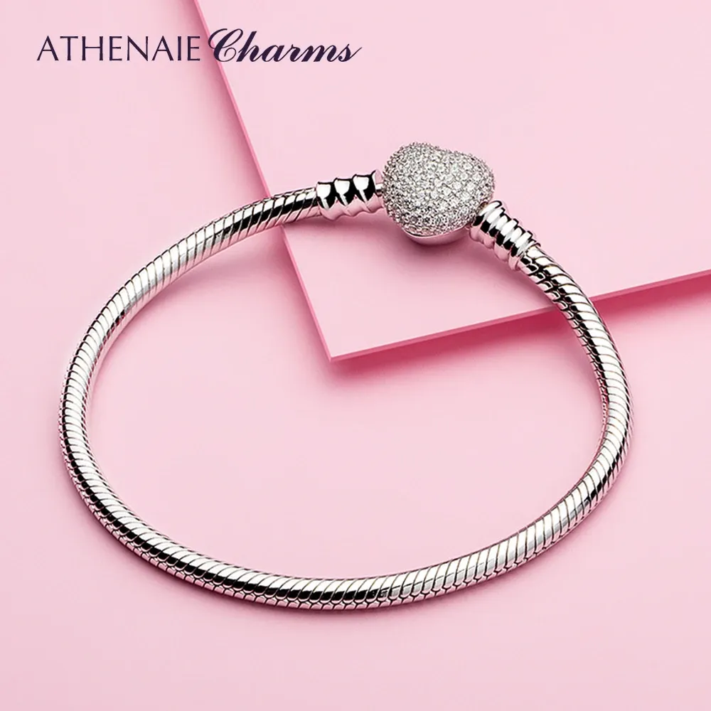 Bangen Athenaie 925 Sterling Silver Snake Chain met Pave Clear CZ Heart Clasp Bracelet Fit alle Europese charm kralen Valentijnsjuwelen