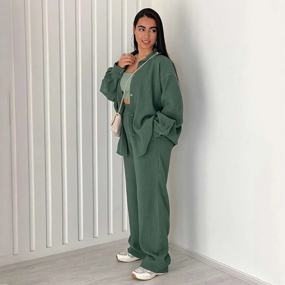 Casual Women's Clothing 2023 Autumn New Solid Color Loose Shirt Top Wide Leg Pants Two-piece Set