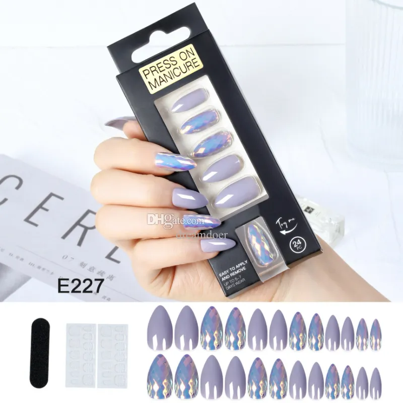 Ny ankomst grossist 24 tips falska nagelklistermärken bärbar mandelform glittrande falska naglar med gelélim klistermärken nagelkonstverktyg