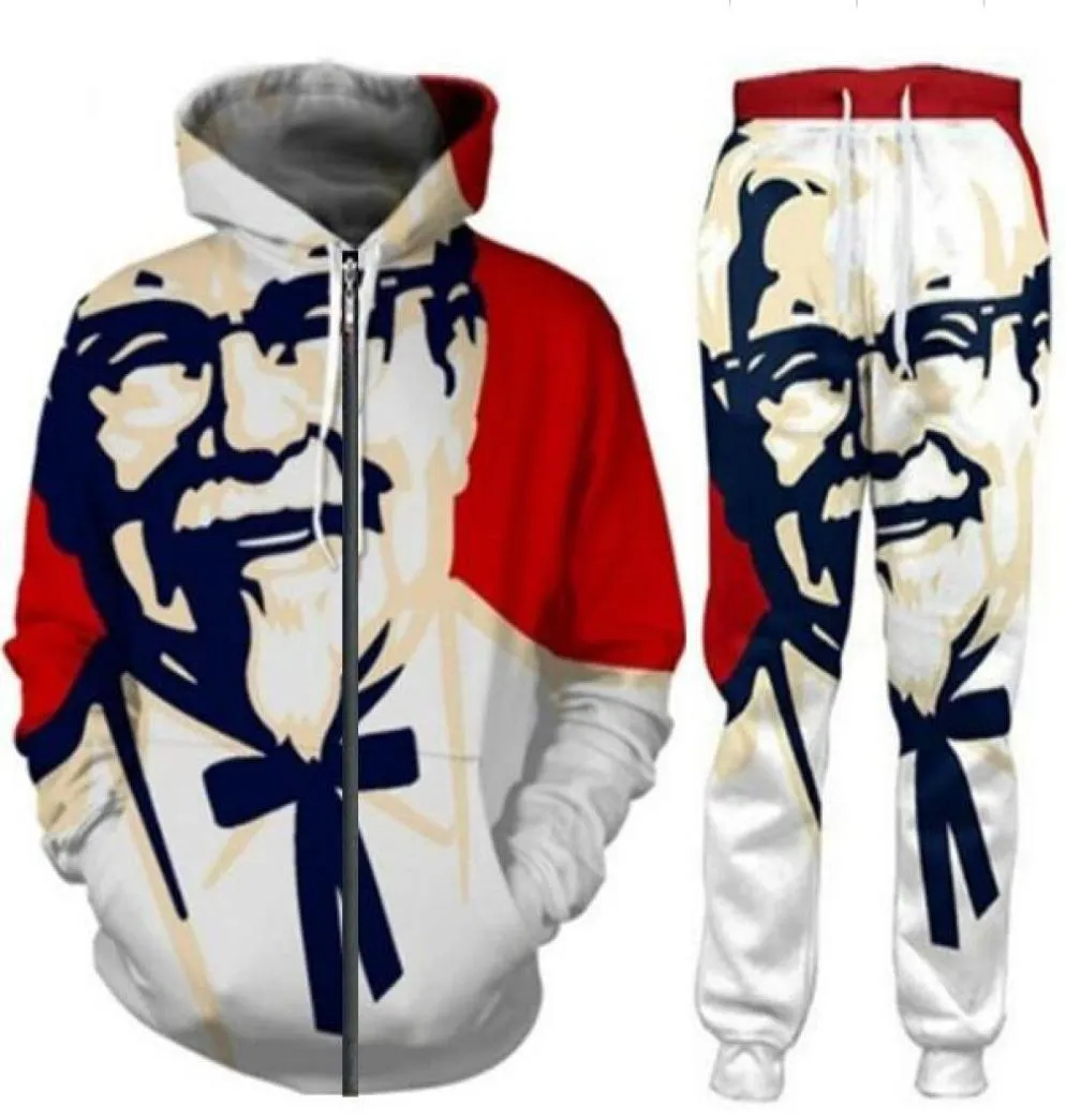 3D Printed KFC Colonel Graphic Hip Hop Sweatshirt and Sweatpants Set for Men