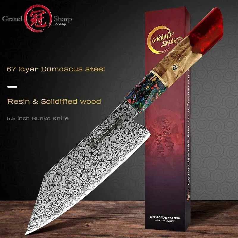 Keukenmessen Grandsharp 5,5 inch Japans Bunka keukenmes 67 lagen Damascus staal koksmessen Fruit Vlees Groentensnijder Kookgereedschap Q240226