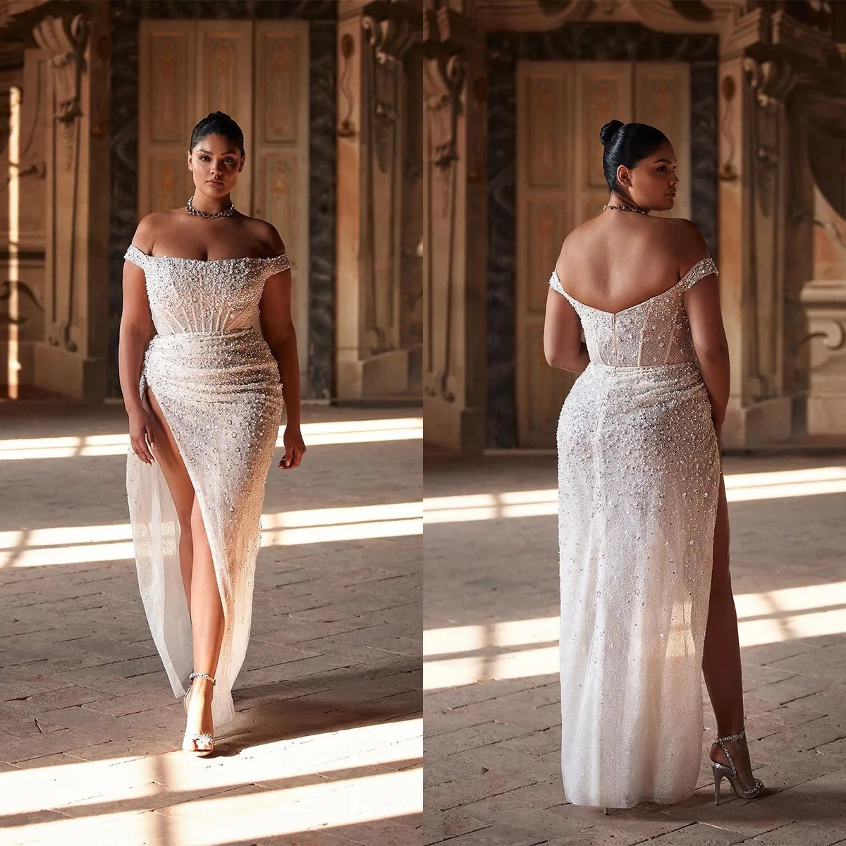 Plus Size Glitter Abiti da sposa Perle Paillettes Abito da sposa a sirena Spalle scoperte Spacco laterale Abiti da sposa su misura Vestido De Novia Es