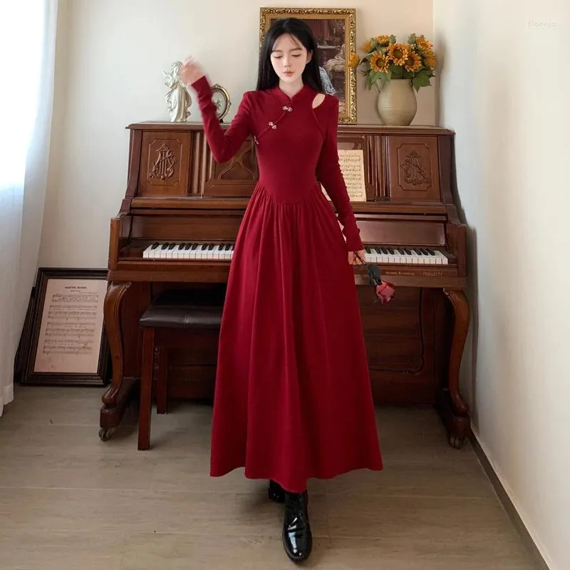 Vestidos casuais elegante algodão longo para mulheres 2024 feminino tamanho grande 4xl outono inverno solto uma linha manga preto vermelho magro vestidos
