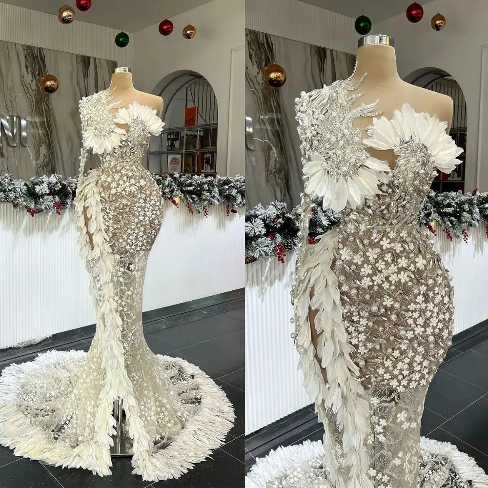 TolningBride 2024 Luxury One Shoulder Mermaid Wedding Dresses Feather Pearls Lace Applique Vestido de Noiva Custom Made Bridal Dress