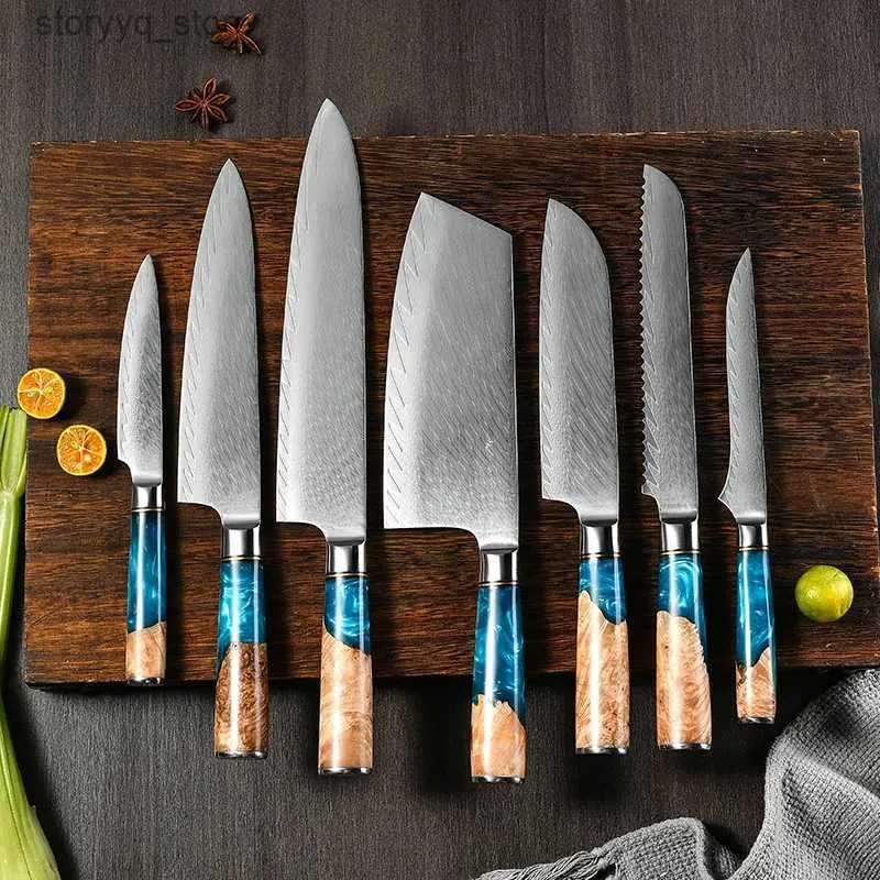 Couteaux de cuisine manche en bois stabilisé en résine, 67 couches en acier damas, Chef de cuisine, ensemble de couteaux à baïonnette de Style japonais Q240226
