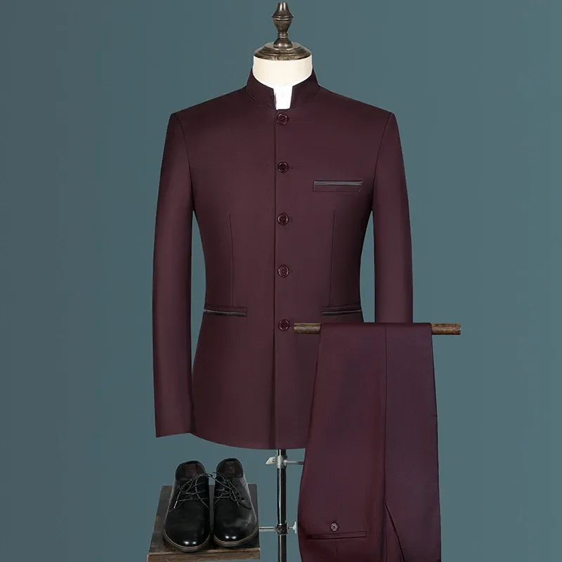 Ternos de colar de suporte masculino estilo chinês slim fit de duas peças conjunto / masculino zhong shan blazer casaco calça calças 2 pcs