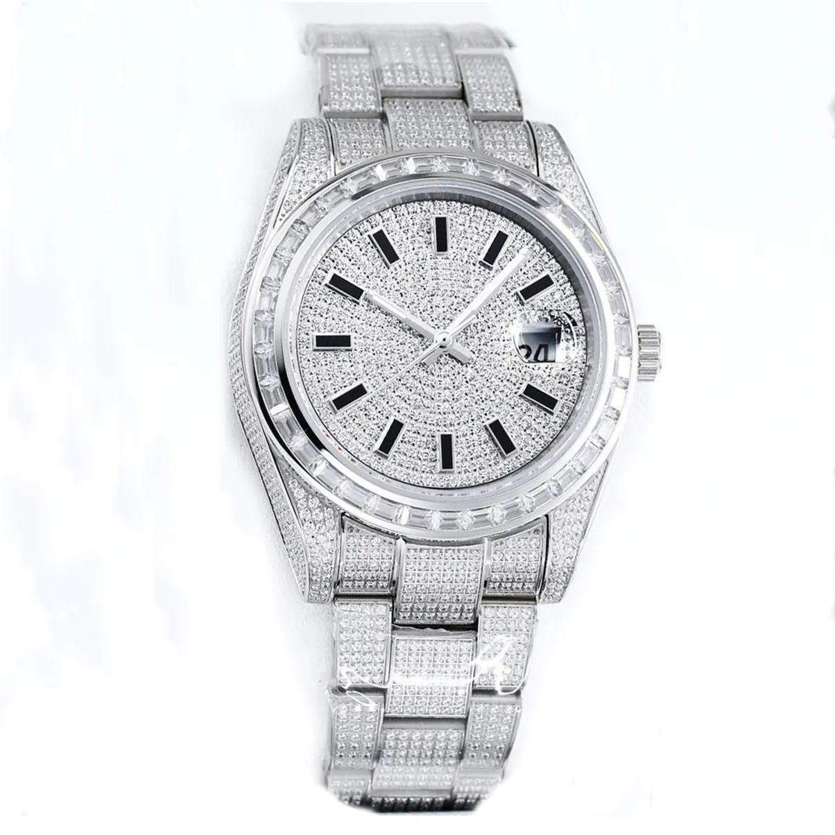 Luxury men's watch, automatic, stainless steel case, diamond-encrusted dial, automatic, diamond-encrusted folding buckle