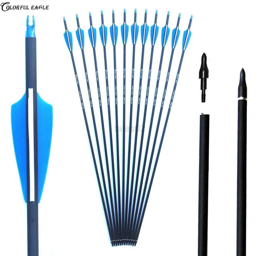 Hunting Slingshots 6/12/24pcs 28/30/31 Spine 500 Carbon Arrow with Blue and White Changeable ArrowHead for Compound/Recurve Bow Hunting Archery YQ240226