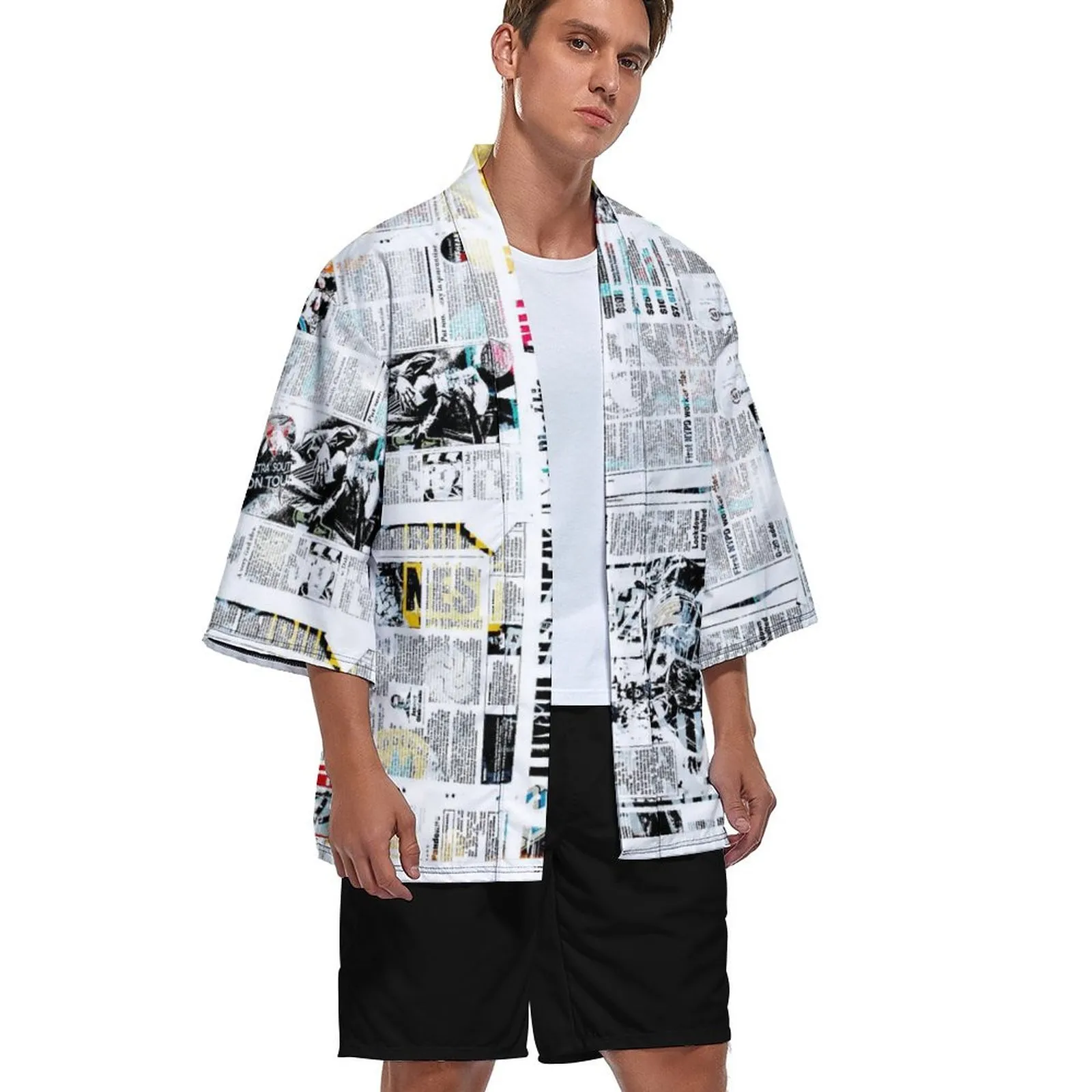 Anpassade mäns kimono cardigan kappa svalt och bekvämt mode sju-punkts ärm framkardigan jacka knappfri lös 95% polyester +5% spandex 221g färgkontrast