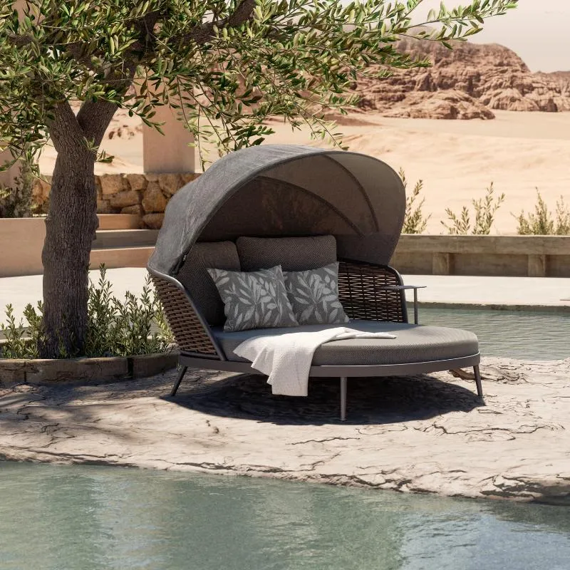 Mobiliário de acampamento Artie Alumínio Beach Sun Bed Impermeável Corda Weave Pool Set Outdoor Round Rattan Daybed