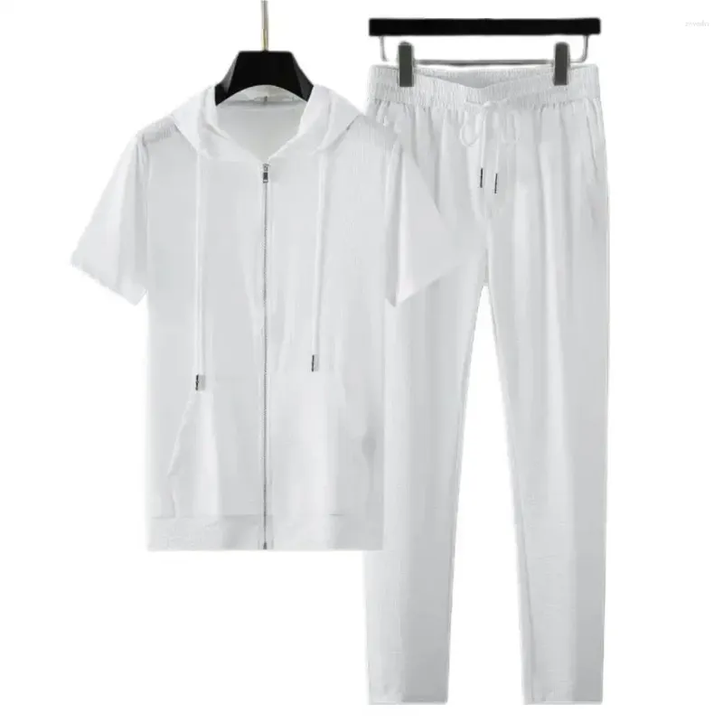 Herren-Trainingsanzüge, 2-teilig, hochwertiges T-Shirt-Hosen-Set, dehnbar, mit Reißverschluss, kurzärmelig, weicher Stoff, gerade Kapuzenhose