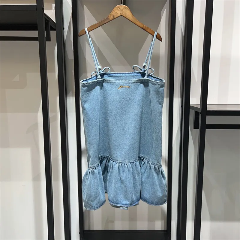 Designer Dress 24 Early Spring Women's Bow Suspended Skirt with Ruffle Edge Denim Short Skirt Short Sleeves