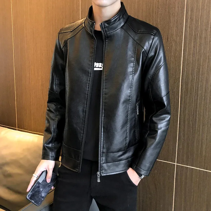 Slim Fit Stand Collar Mens Fashion Leather Jacket Casual Business Top Clothing Trend Jackets 240223