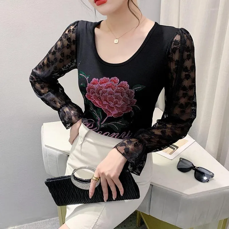 T-shirt da donna 2024 Autunno Inverno Abbigliamento europeo T-shirt in cotone Donna Chic Sexy Patchwork Maglia Diamanti lucidi Top Manica lunga Drill Tees