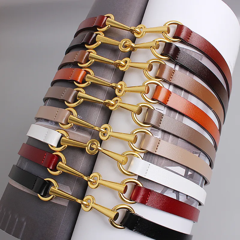 New Chain Buckle Genuine Leather Belt Women Fashion Luxury Gold Buckle Thin Cowskin Belts Female Jeans Dress Waistband 2024