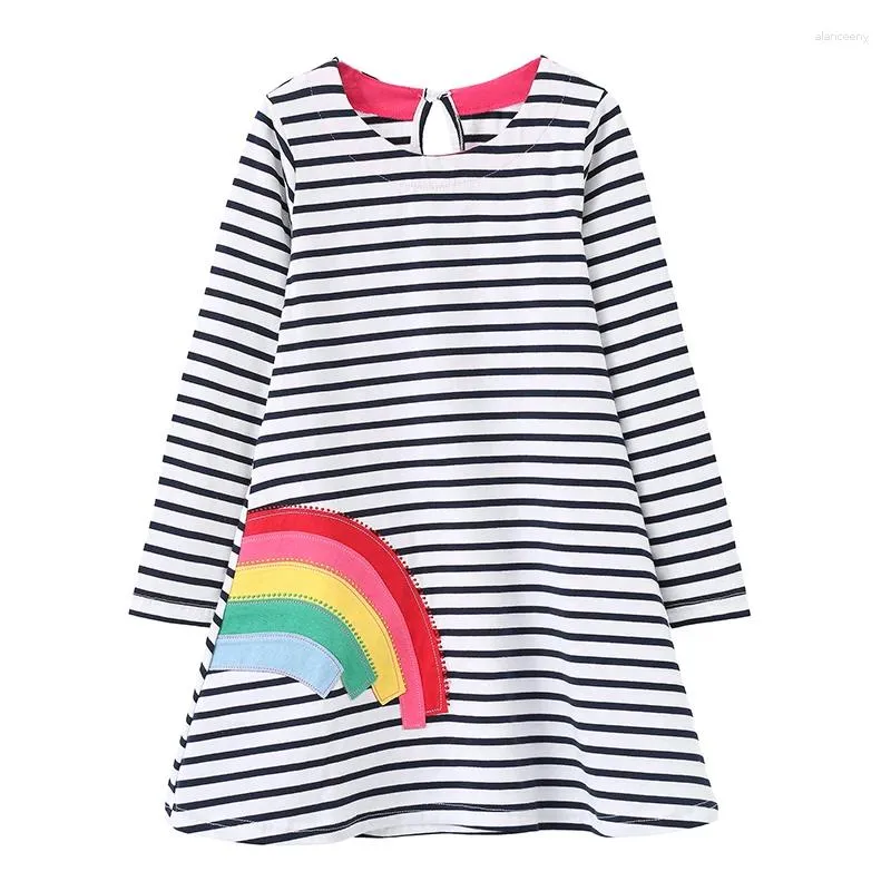 Mädchen Kleider Jumping Meter 4-8T Regenbogen Stickerei Prinzessin Mädchen Gestreift Langarm Herbst Kinder Party Niedlich Geburtstag Kleid Kostüm