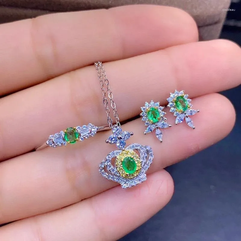 Cluster anéis jóias finas natural esmeralda prata esterlina colar conjunto feminino cor tesouro pode ser personalizado presentes de aniversário