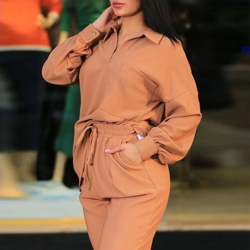 女性用大ファッションセット2023秋のポロカラー長袖シャツハイウエストポケットカジュアルパンツ