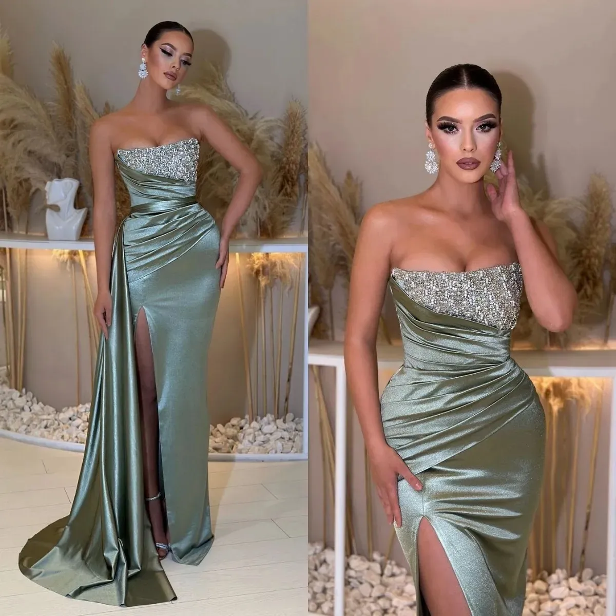 Eleganti abiti da ballo verde chiaro Abito da sera senza spalline Pieghe Abito lungo formale per occasioni speciali con spacco sulla coscia