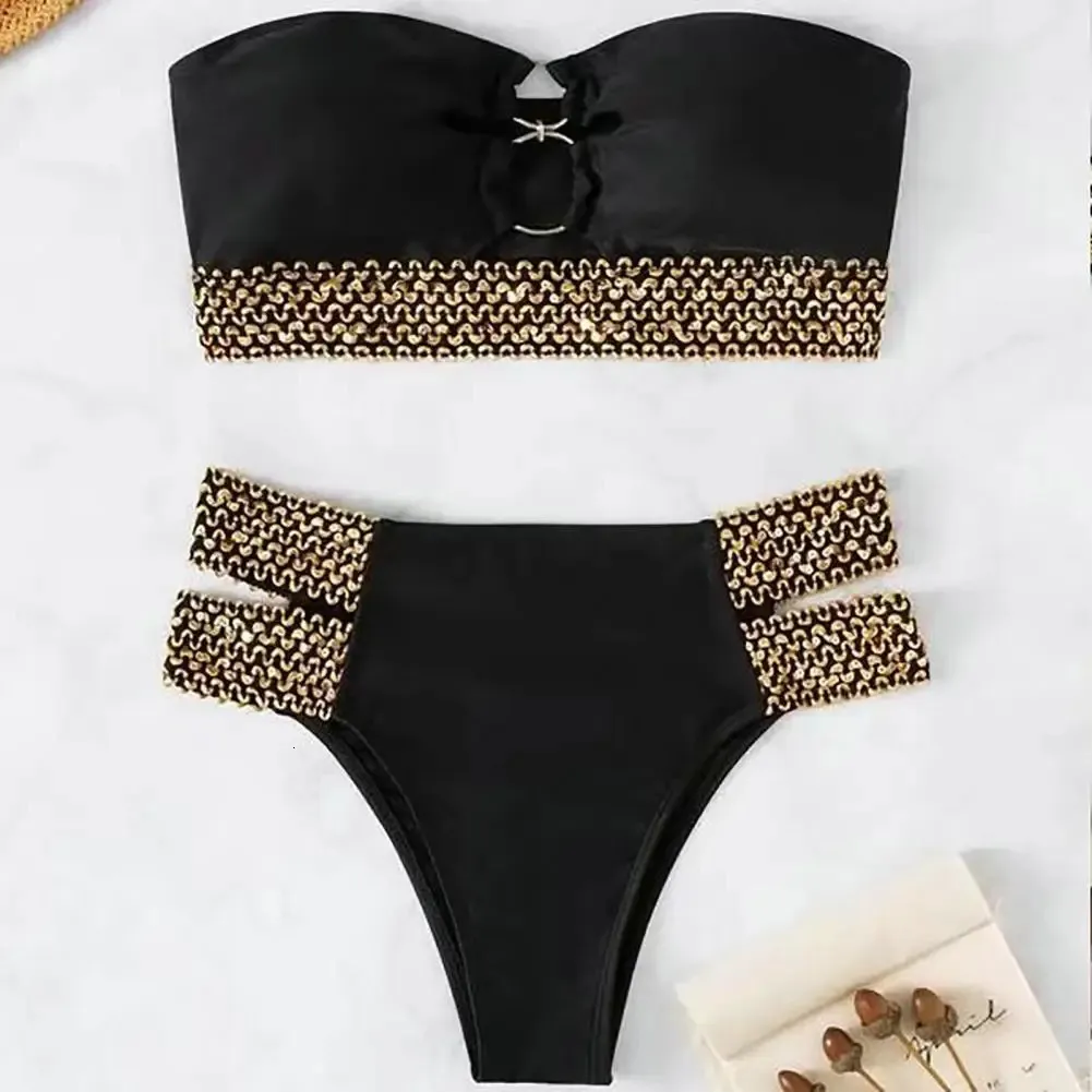 2pcsset Ring Connection Ofm Omuz Bikini Set Bandeau Sütyen Yüksek Bel Kısa Mayo Plaj Giyim 240220
