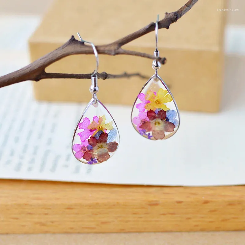 Boucles d'oreilles à clous en forme de goutte d'eau, faites à la main, Anti-allergie, fleurs séchées colorées, pour femmes et filles, mariage, 2024