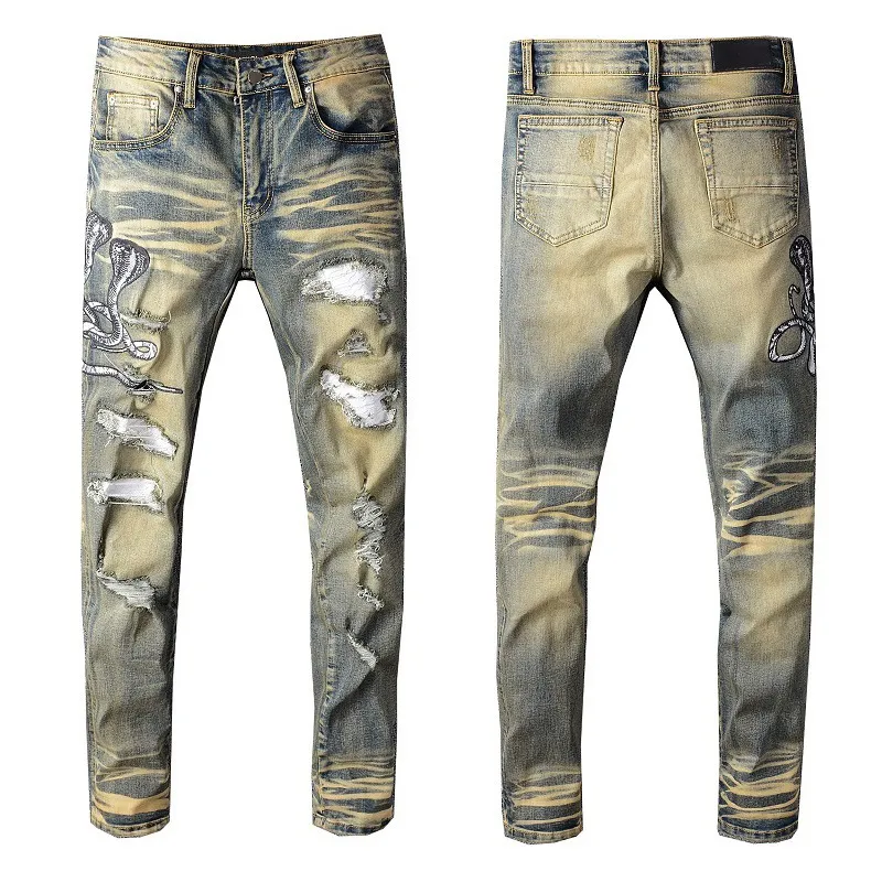 American Spring Vintage Hip Hop Men Hole Patch Denim Amiryes Designer Jeans slim elasticizzati Uomo Blu Plus Size