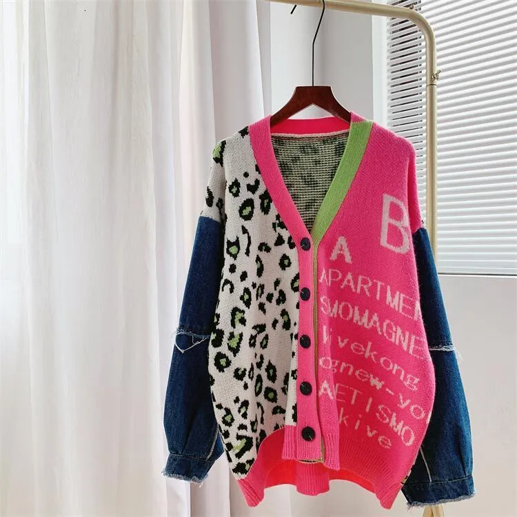 Han Guodong Door Collections Couture Fashion Leopard Splicing Flower Color V-Neck stickad Cardigan 211103