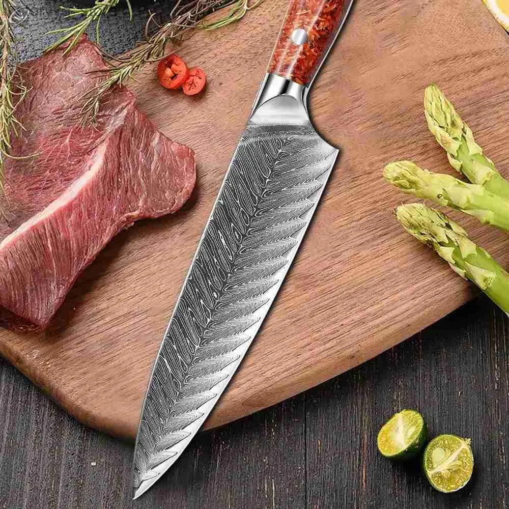 Kökknivar Damascus Steel Kitchen Knife 67 Lager av högt kolstål smidd för 10000 TimeForgings Högkvalitativa kockknivhartshandtag Q240226