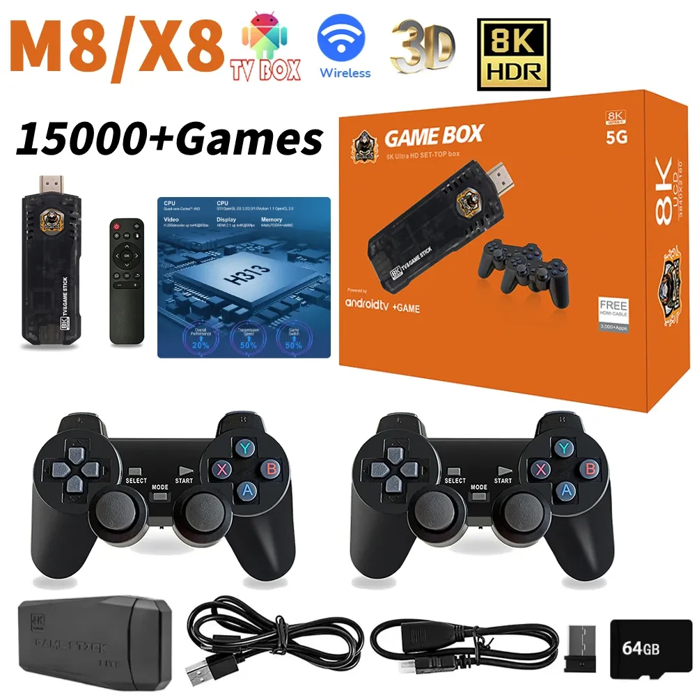 Consoles M8/X8 Game Stick 8K 15000 + jeux Arcade rétro Consoles de jeux vidéo pour PS1/FC/GBA contrôleur sans fil HD Mini TV Box pour Android