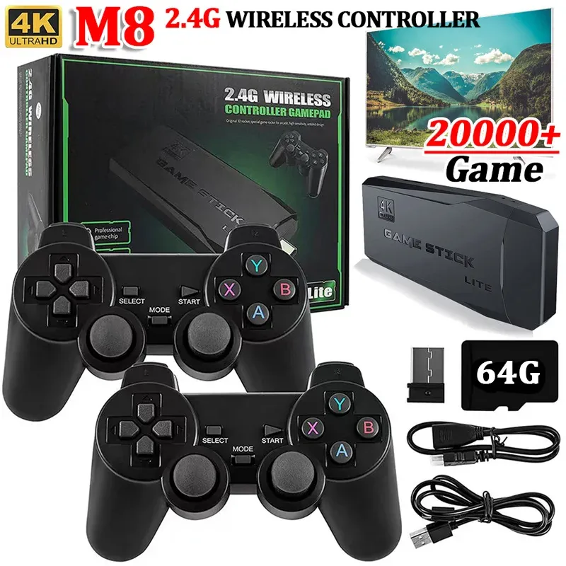 Consoles Video Oyunu Stick M8 100/3500 Klasik Retro Oyun Konsolu Vidio Wireless 2.4G Denetleyici Kutusu 4K HDMI ORİJİNAL HD LI