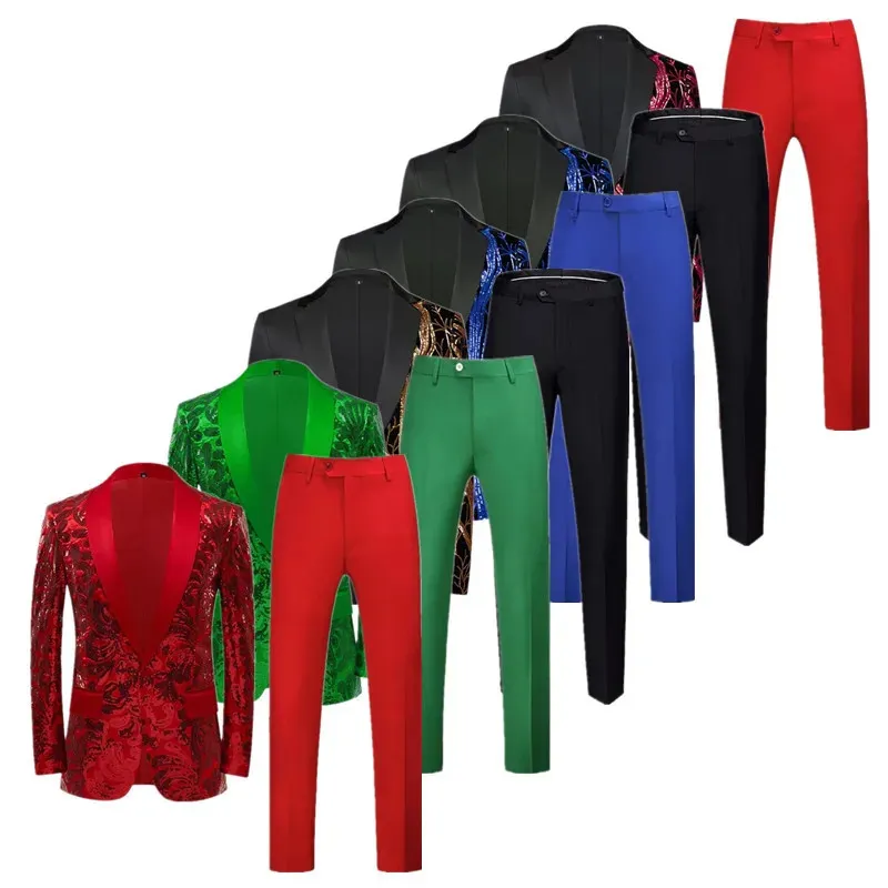 Jas Broek Mode Mannen Pailletten Pak Goud Groen Heren Luxe Bruiloft Dance Party Stage Voer Jurk Mannelijke Blazer Broek 240220