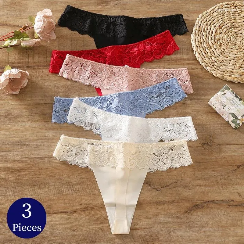 Dames slipje TrowBridge 3pcs/set sexy kanten ondergoed uitgehold strings lingerie zoete bloemen strings gezellige zijde satijn T-back