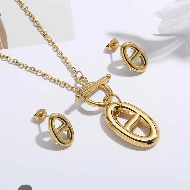 H colar moda nicho insot botão japonês palavra nariz de porco pingente colar brincos titânio aço banhado 18k ouro real jóias femininas