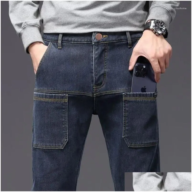 Men'S Jeans Mens Autumn Winter Men Fleece Thick Straight Solid Streetwear Fashion Loose Versatile Mtiple Pockets Chic Casual Pants D Dhuhr