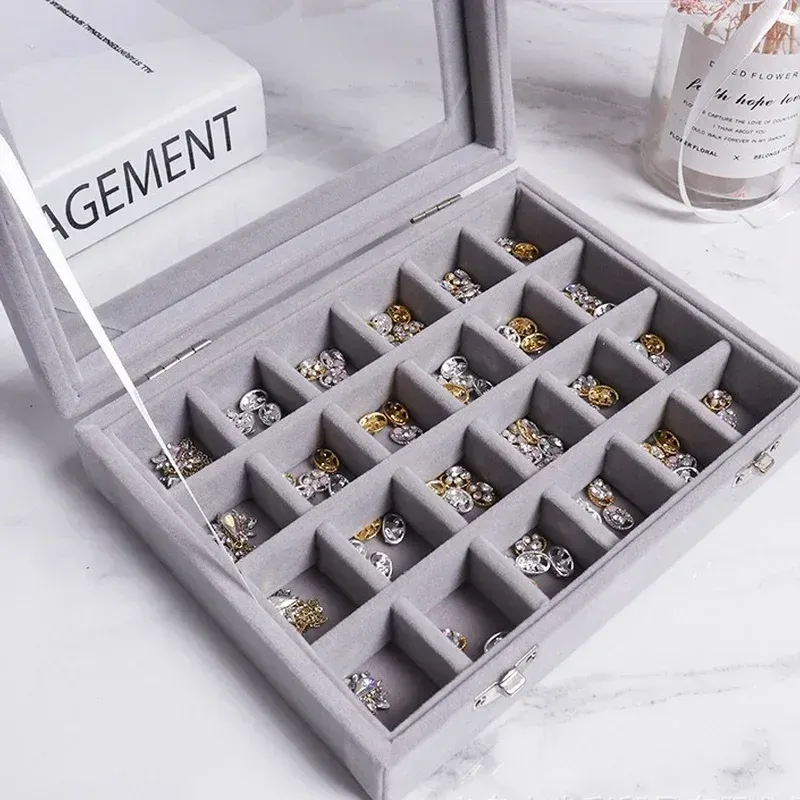 Necklaces 24 Grid Jewelry Earrings Display Box with Lid Highend Nail Art Jewelry Storage Box Earrings Pendant Silver Jewelry Box