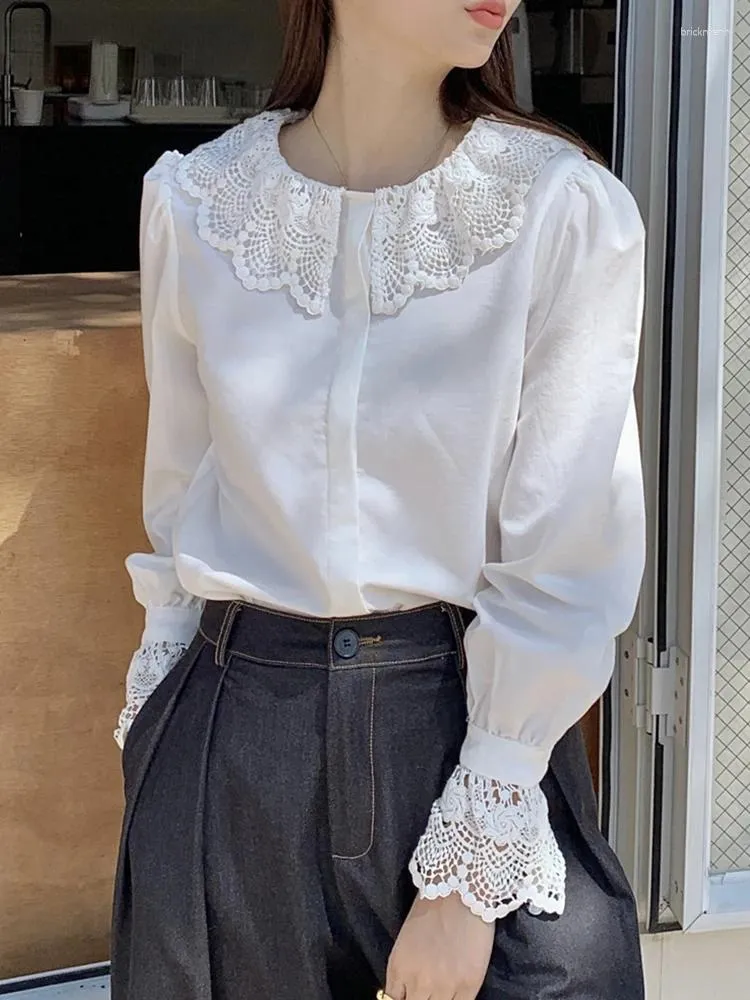 Women's Blouses Lace Patchwork White Tops Y2K Doll Collar Long Sleeve Flare Button Up Shirts Female Loose Fashion Elegant