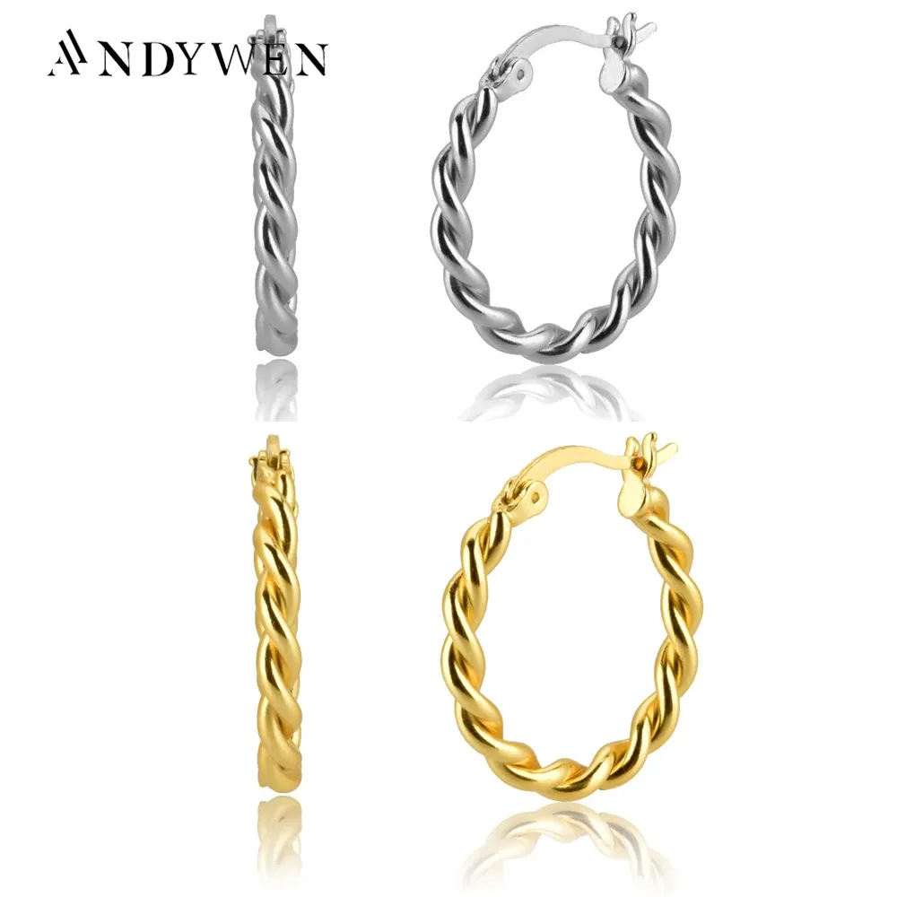 Back Andywen 100% Sterling Sier Gold Big 20 mm Twist Hoops Pendiente 2020 Screw Women Circle Okrągła biżuteria kolczyka